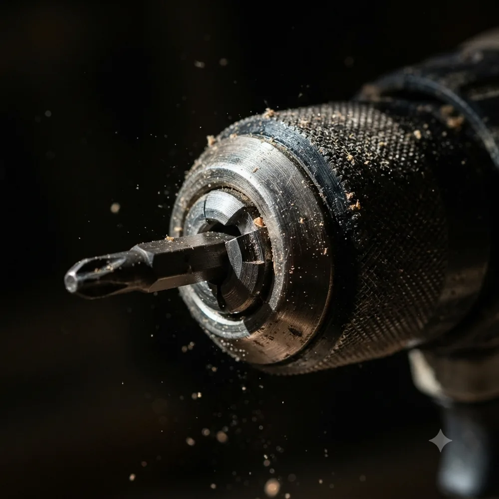 Macro close-up of a cordless drill chuck