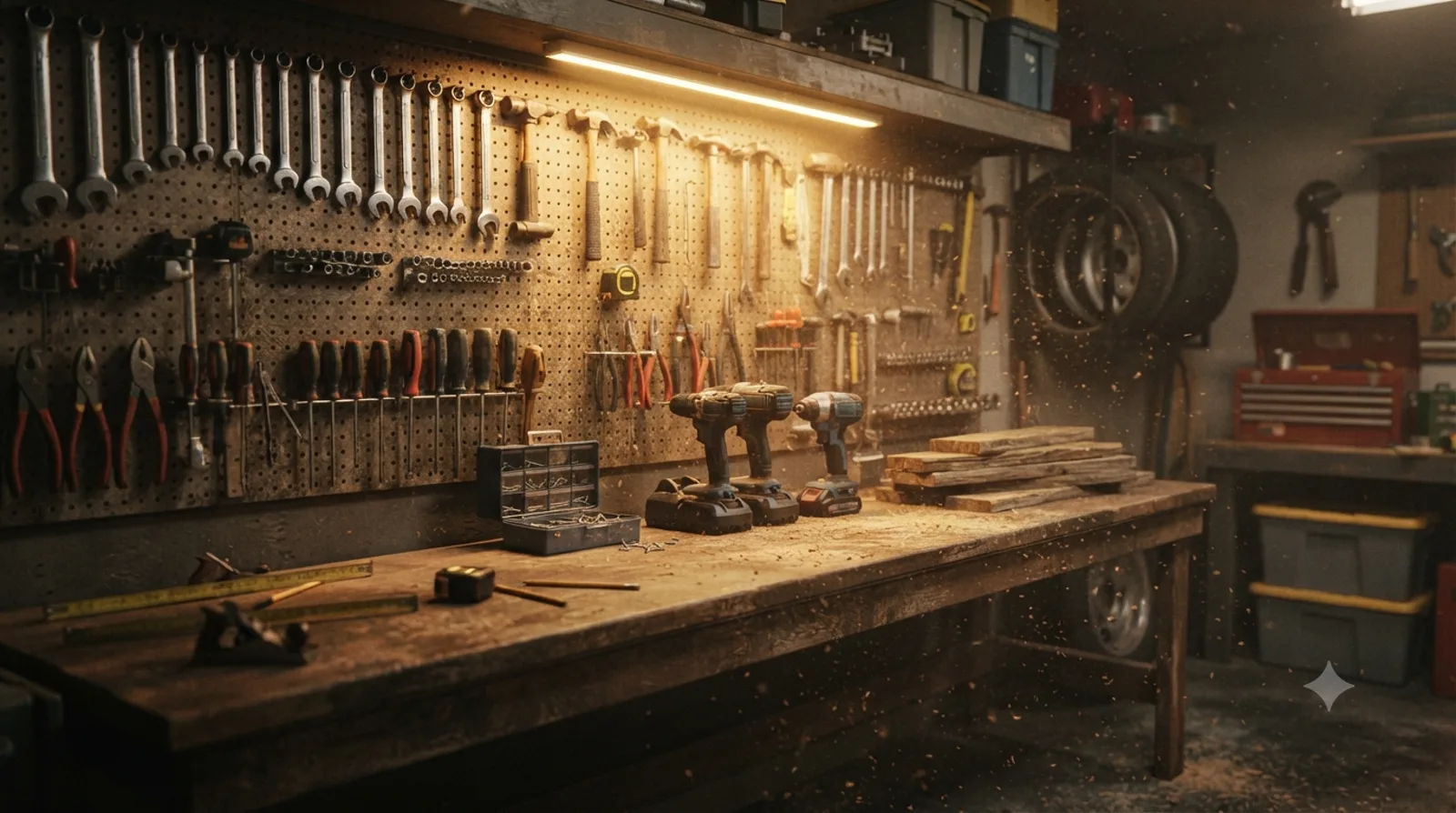 Workbench with cordless drills and drivers hung on a pegboard