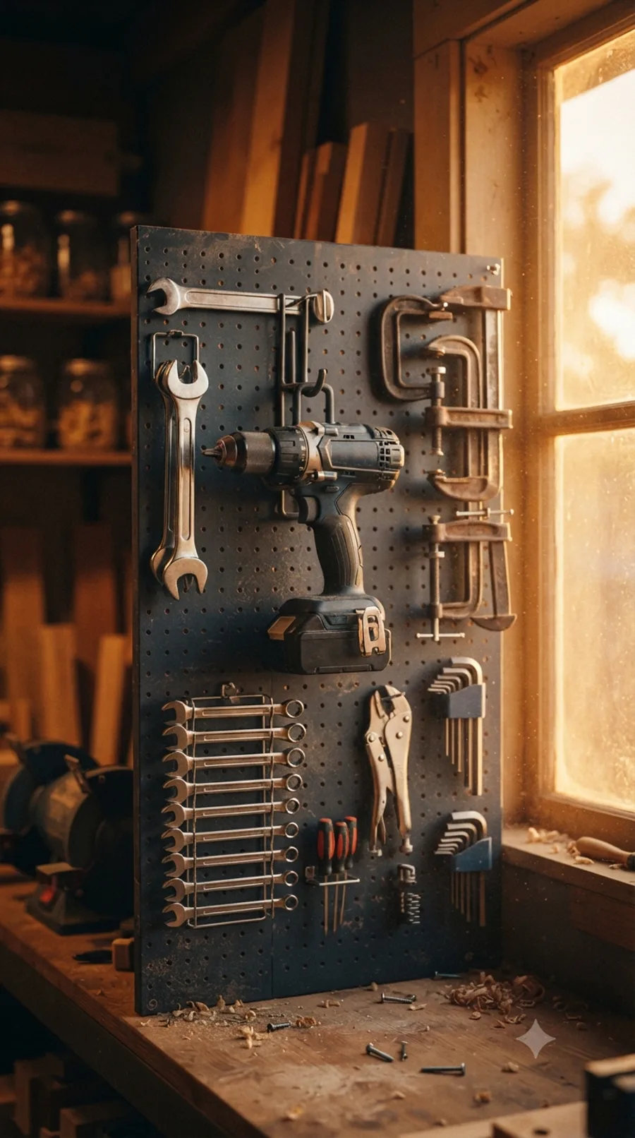 Cordless drill hanging on a workshop pegboard